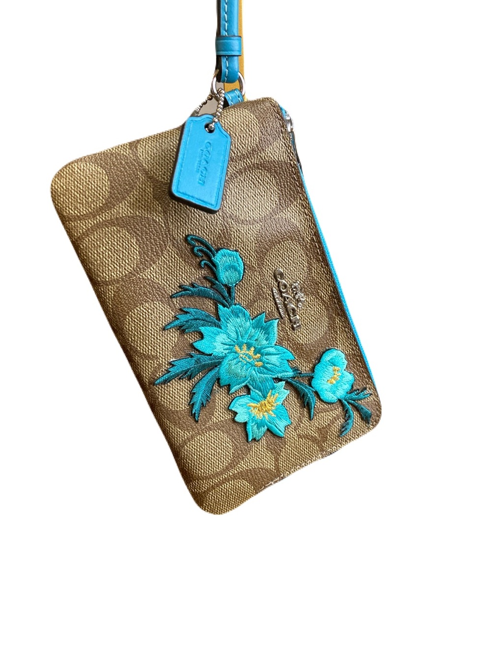 Coach Double Corner Zip Wristlet in Signature Canvas w/ Floral Appliquรฉ NWT